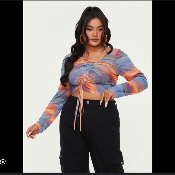 Sunset In The Sky Mesh Multicolor Ruched V-Neck Cropped Women's Top Size XL - Picture 1 of 9